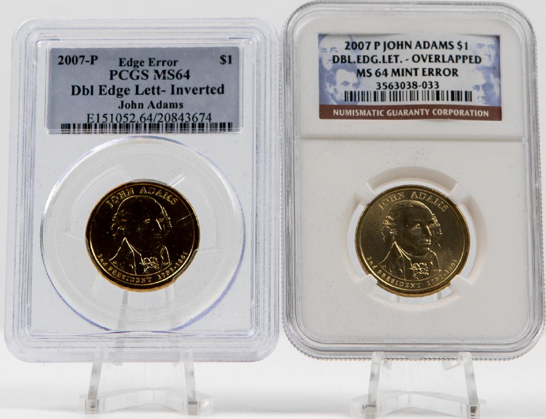 2 - 2007 JOHN ADAMS $1 ONE DOLLAR ERROR COINS (1 of 2)
