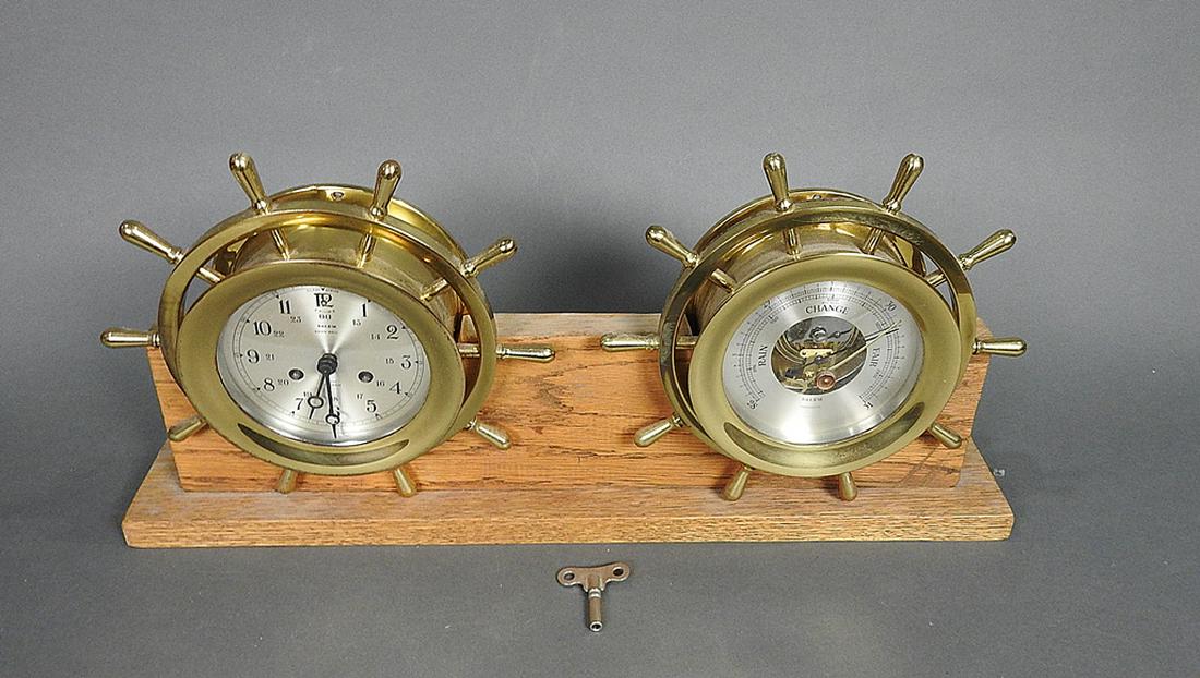 SALEM SHIP CLOCK WITH MATCHING BAROMETER ON STAND (1 of 5)