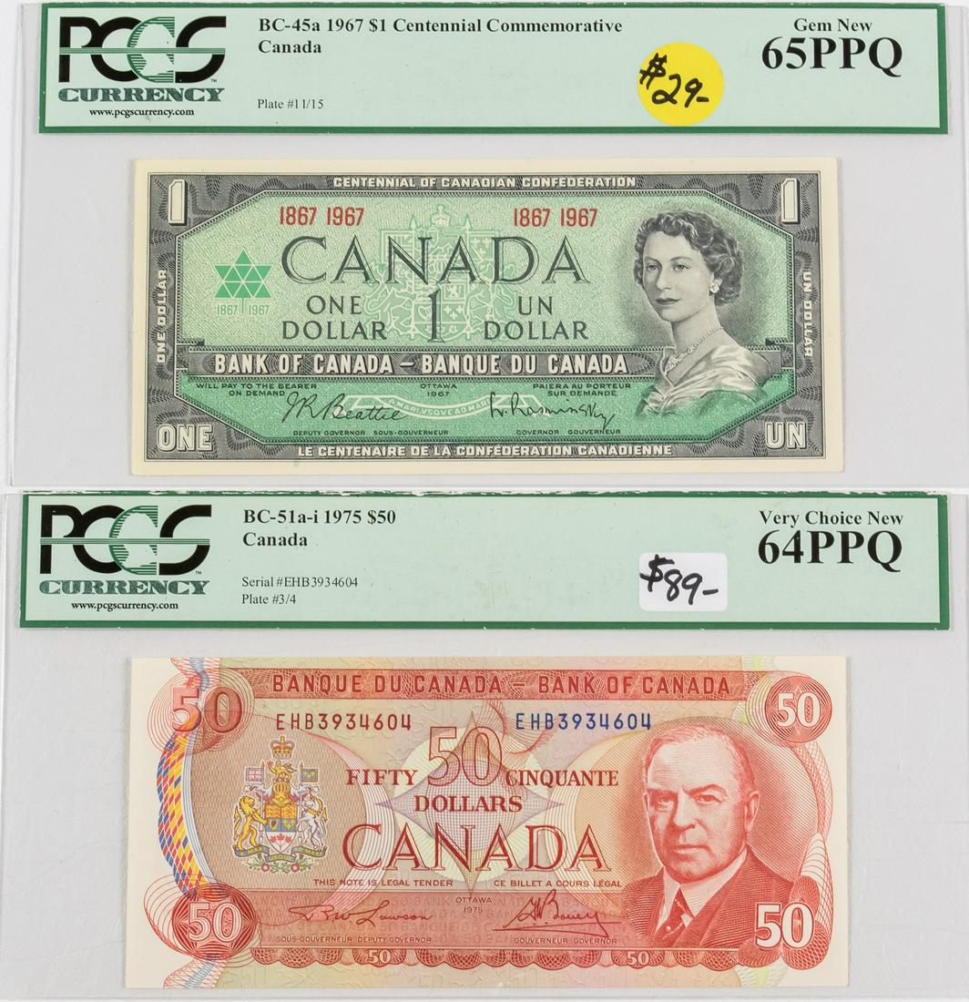 1967 $1 ONE DOLLAR CANADA & 1975 $50 FIFTY DOLLAR (1 of 2)