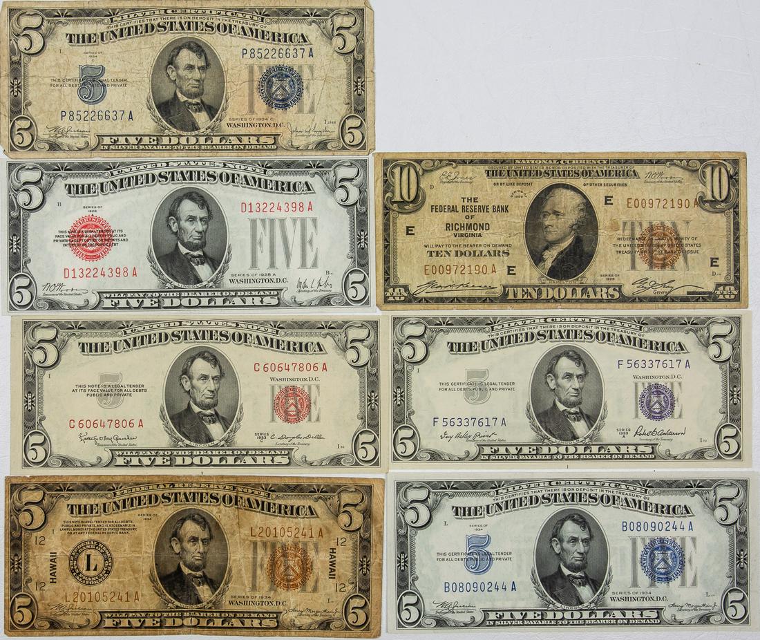 $10 TEN DOLLAR & 6 - $5 FIVE DOLLAR NATIONAL CURRENCY, (1 of 2)