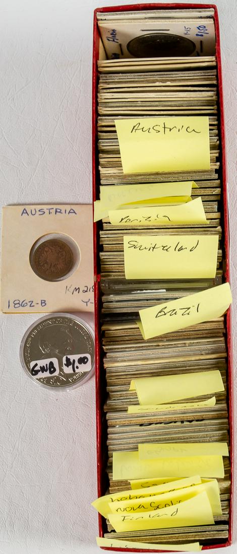 86 COINS FROM AROUND THE WORLD: Liberia, Finland, Nova Scotia, Bahamas, Swiss, North Urnanasia, Egypt, Saudi Arabia, Netherlands, Brazil, Switzerland, Persia, Iran, Argentina, Nicaragua, and Austria. Varied dates. Varied grades.