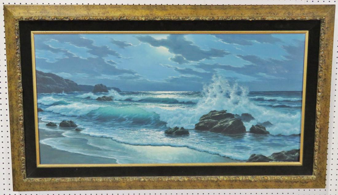 ANTON GUTKNECHT PAINTING OF THE OCEAN: Signed. Anton Gutknecht. In wood frame. Frame has velvet matting. On canvas. Framed measures 33 3/8" h x 57 3/8" w x 2" d. Painting measures 24" h x 47 7/8" w.