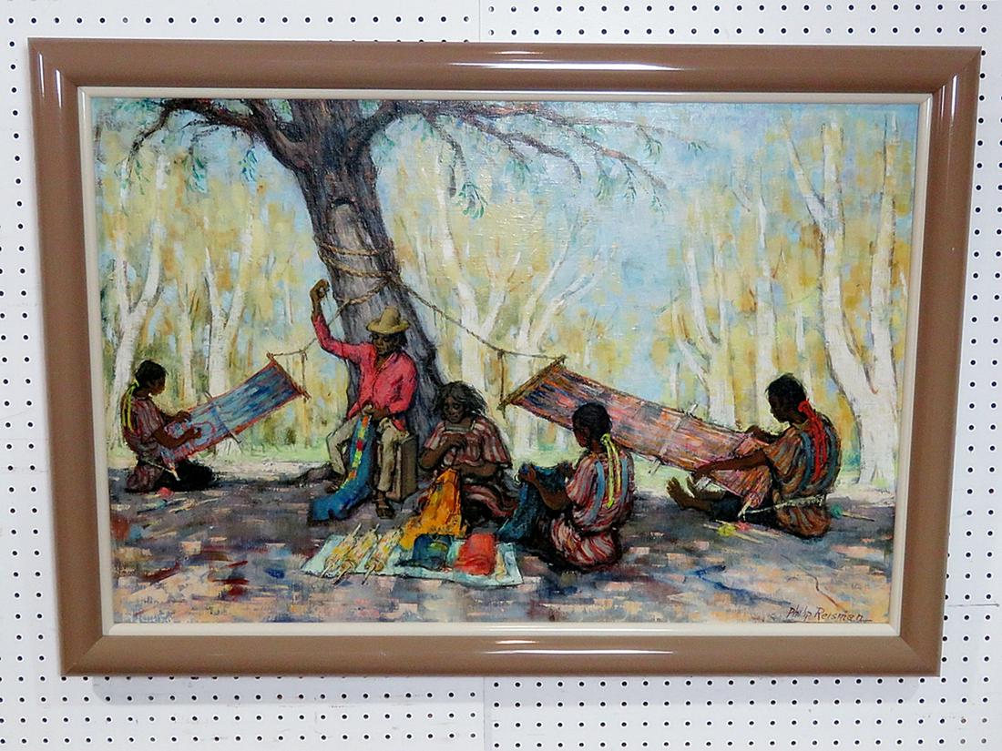 PHILIP REISMAN WEAVING LANDSCAPE: 23" x 34" (sight). Oil on canvas. Signed lower right.
