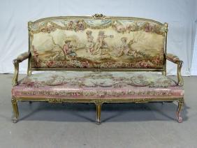 19TH CENTURY FRENCH AUBUSSON CANAPE: Carved. Gilded. Needlepoint seat and back. 46" h x 76 1/4" w x 33" d. Seat height 18 1/8".