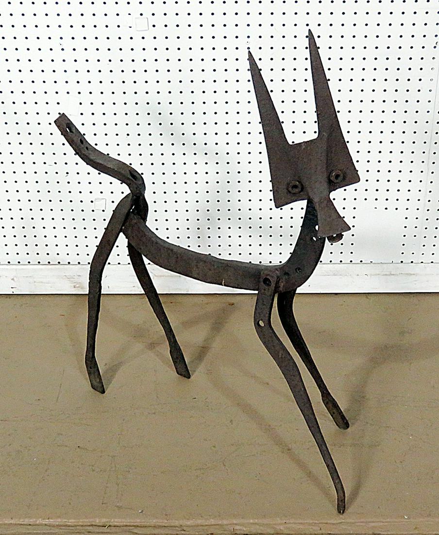 BRUTALIST METAL SCULPTURE FOX: All metal. 33 3/4" h x 25" w x 7" d.
