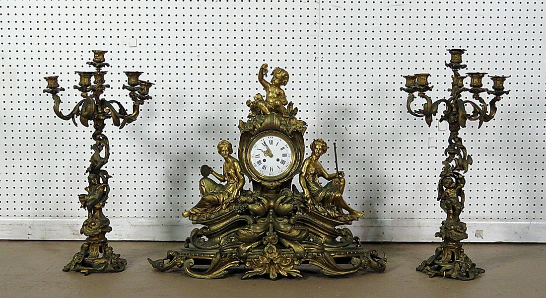 3 PIECE LOUIS XVI STYLE BRONZE CLOCK/CANDLEABRAS (1 of 10)