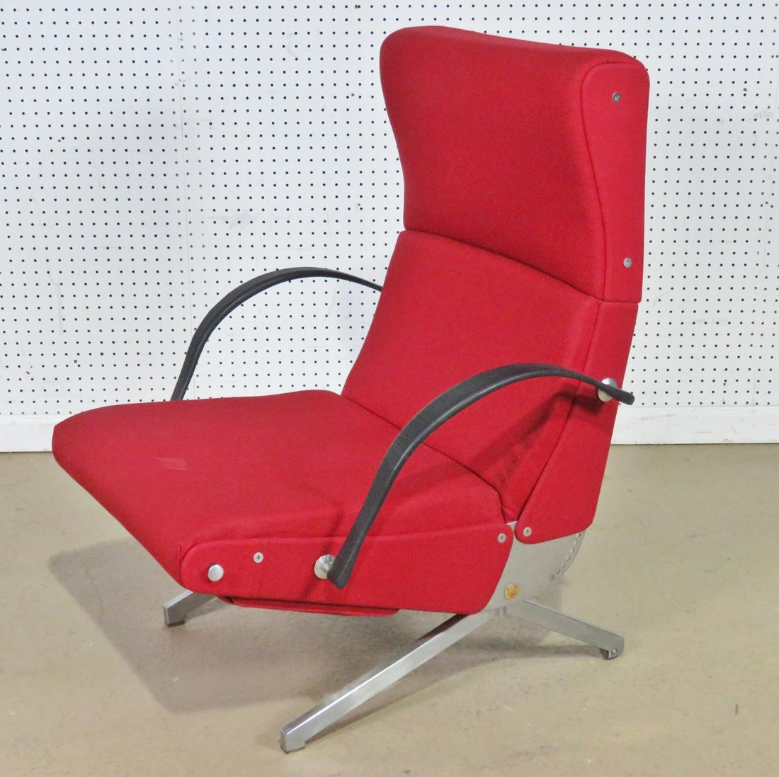 BORSANI TECHNO RECLINING LOUNGE CHAIR: Reclines. Upholstered back and seat. Chrome frame. 37 1/4" h x 28 1/8" w x 28 3/4" d (55" d reclined). Seat height 16".