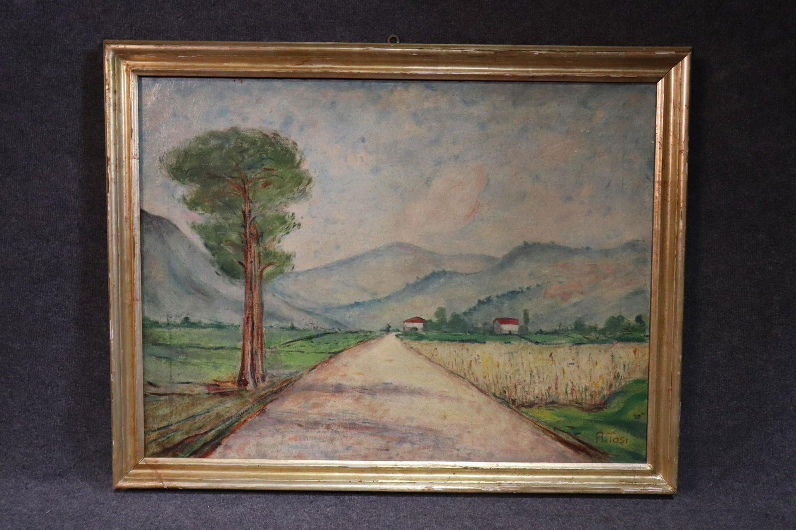 SIGNED ARTURO TOSI LANDSCAPE PAINTING: Oil on canvas. Landscape of valley in northern Italy. 30" h x 40" w.