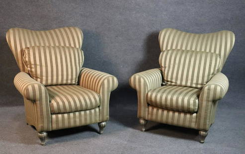 SINATRA SUITE - PAIR JORDAN MOZER STYLE CLUB CHAIRS: Oversized exaggerated curved lines club chairs. Two tone stripped upholstery. 44" h x 40" w x 39" d. Seat height 21".