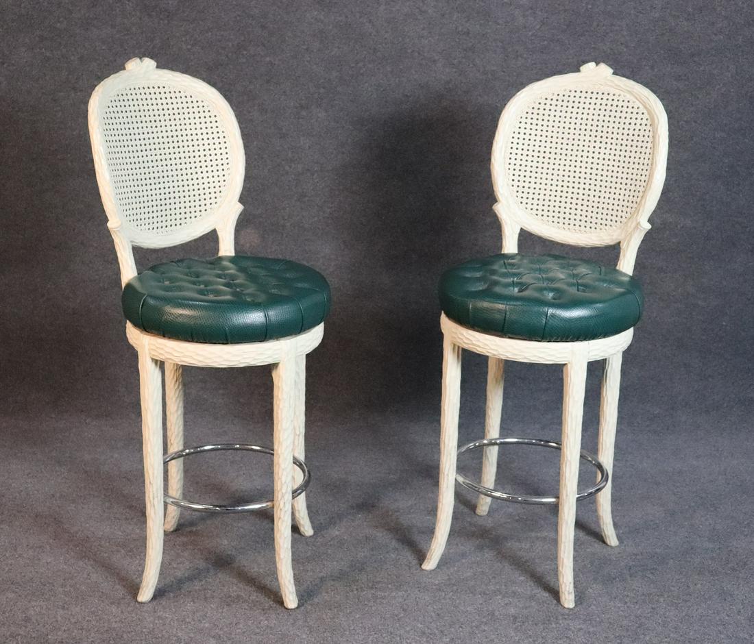 SINATRA SUITE - PR FAUX BOIS TUFTED BARSTOOLS: Faux bois frames. Tufted upholstery. 46 3/4" h x 18 1/2" w x 18 1/2" d. Seat height 28 1/2".