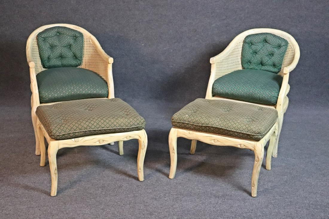 PAIR FAUX BOIS BERGERE CHAIRS WITH MATCHING OTTOMANS: Faux bois cane back chairs with complementary fabric. Chairs measure 34" h x 23 1/2" w x 24" d. Seat height 21". Stools measure 18 1/2" h x 24" w x 18" d.