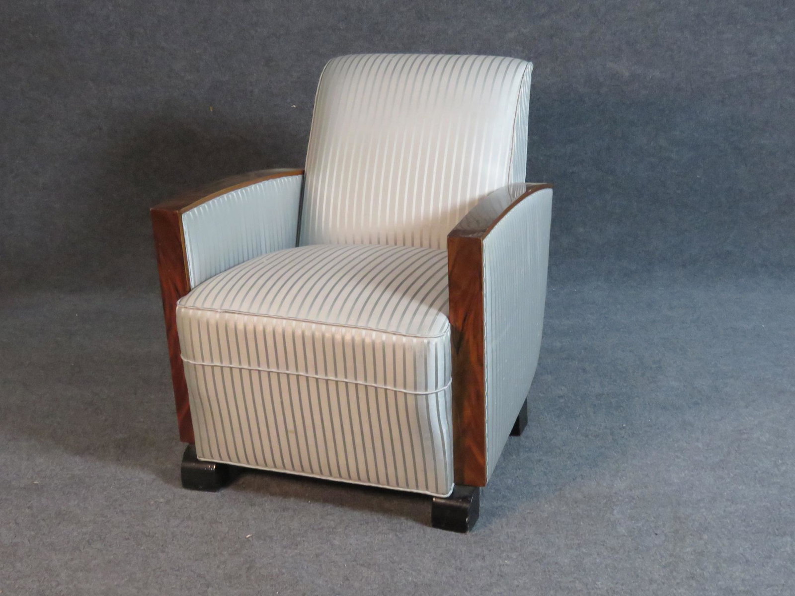 SINATRA SUITE -FRENCH ART DECO CLUB CHAIR: Ebonized feet. Upholstered. Exotic wood trim. 32 1/2" h x 25 3/4" w x 34" d. Seat height 19".