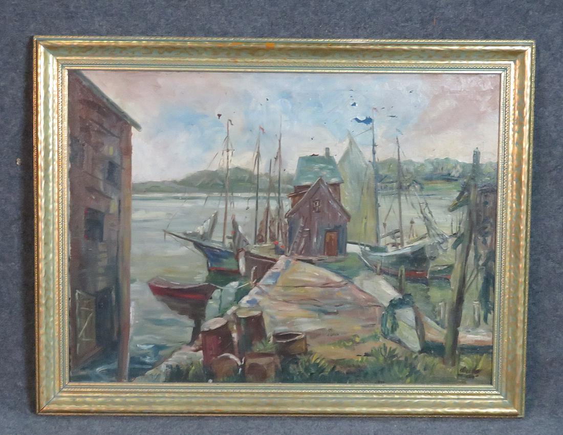SIGNED HARBOR SCENE OIL ON CANVAS PAINTING (1 of 5)