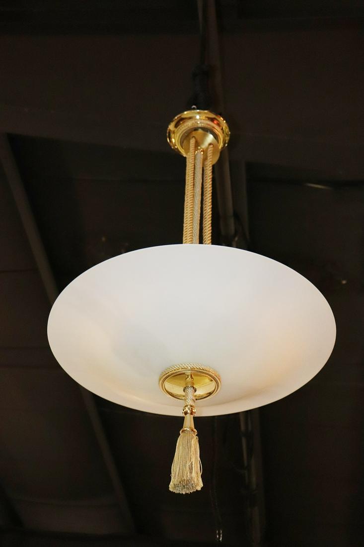 HOLLYWOOD REGENCY STYLE FROSTED GLASS & BRASS: Frosted glass bowl. Brass accents. Silk tassel. 39" h x 25" w.