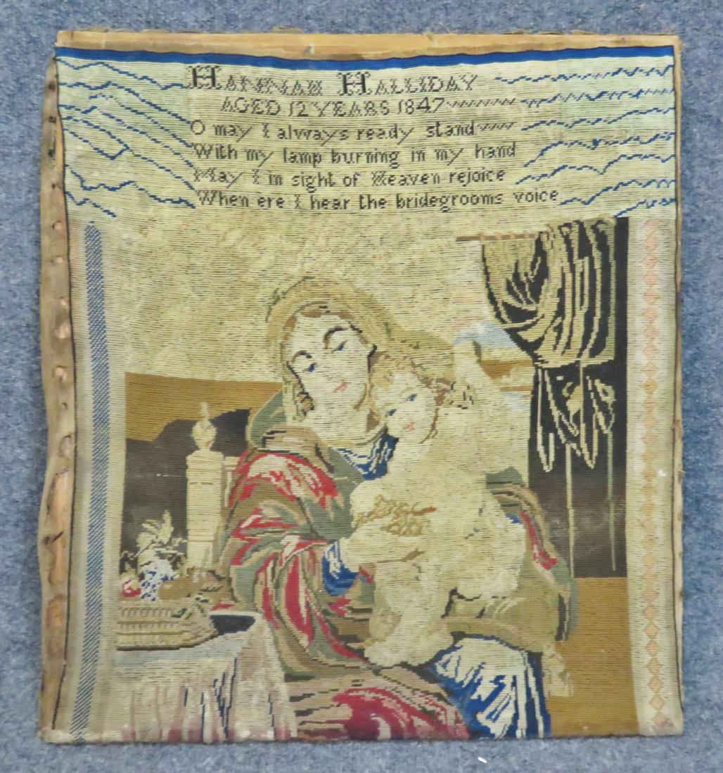 NEEDLEPOINT MOTHER AND CHILD: Hannah Halliday Aged 12 years 1847.Nailed to wood frame. 23 3/4" h x 21" w x 1/2" d.