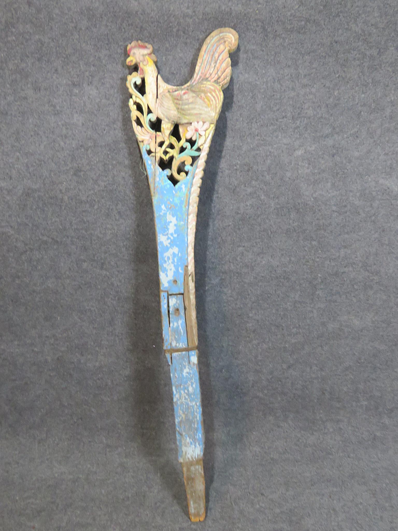 ANTIQUE HANGING CHICKEN POST: Carved. Wood. Painted. 61 1/4" h x 14" w x 3" d.