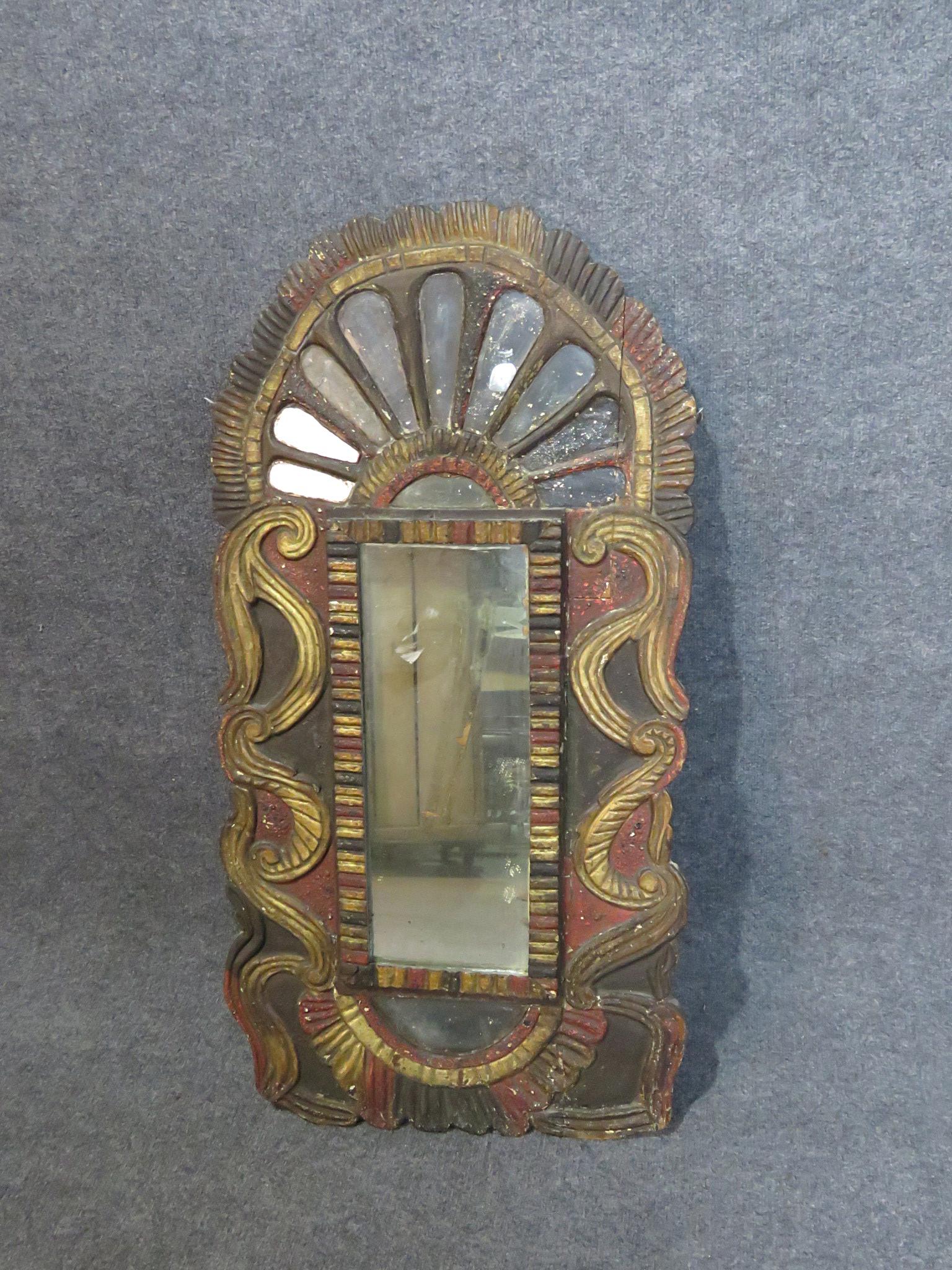 ANTIQUE DISTRESSED PAINTED MIRROR: Painted. Wood. 43" h x 21 3/4" w x 1 3/4" d.