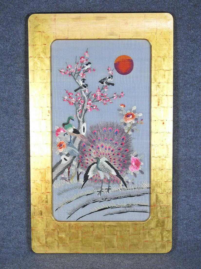 PHILLIP LLOYD POWELL ASIAN INSPIRED PANEL: Gold leafed wood frame with needlework inset panel. Ready to hang. 65 1/2" h x 39" w x 1 1/2" d.