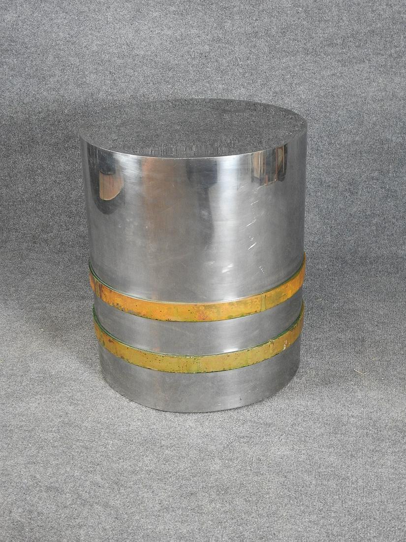 PIERRE CARDIN STYLE PEDESTAL: Chrome with brass double banding. 28 1/2" h x 24" diameter.