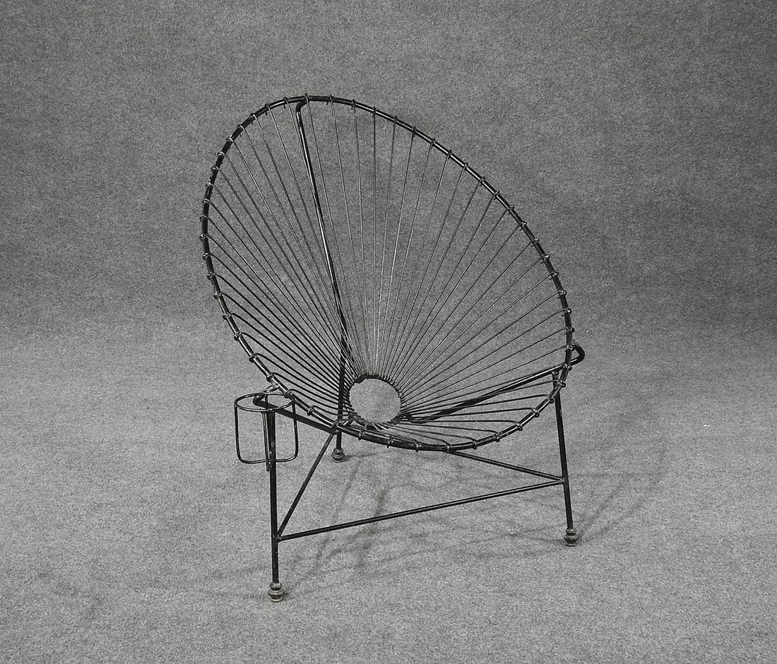 MID CENTURY MODERN IRON GARDEN CHAIR: Black painted iron. 36" h x 31" w x 37 1/4" d. Seat height 14 1/2".