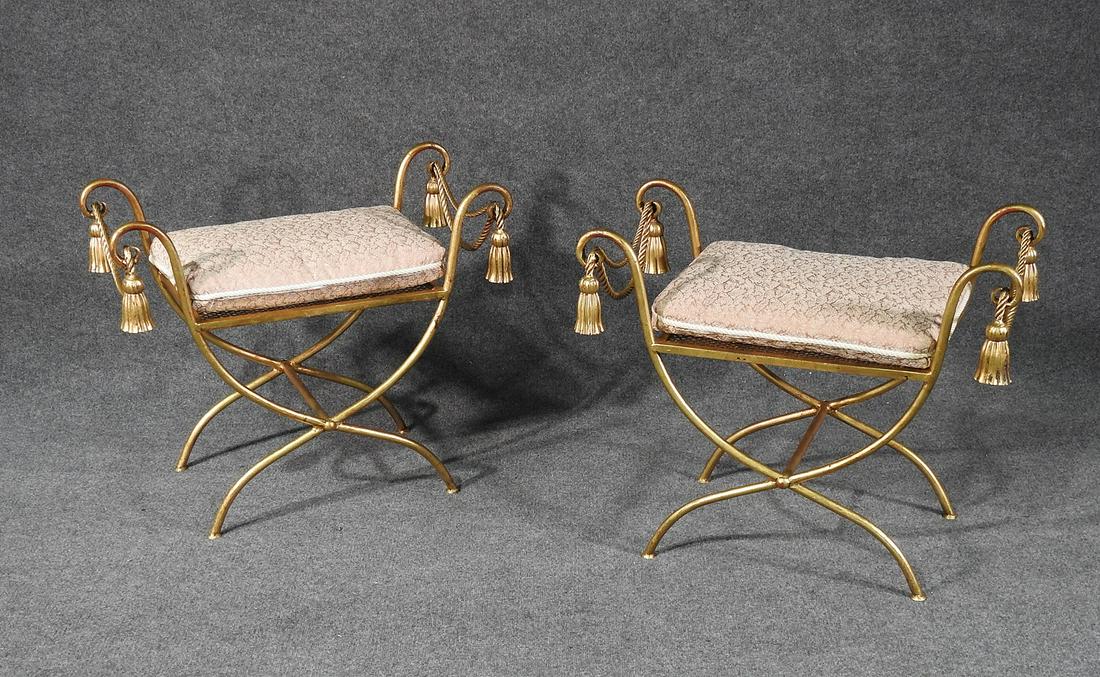 PAIR HOLLYWOOD REGENCY STYLE GILT TASSEL BENCHES (1 of 5)