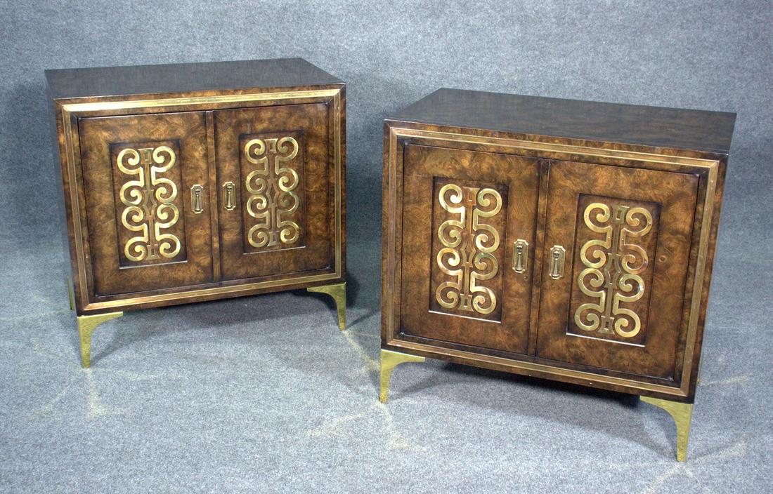 PAIR MASTERCRAFT SERVERS: Burl veneer with brass mounts and legs. 32 1/2" h x 33" w x 19" d.