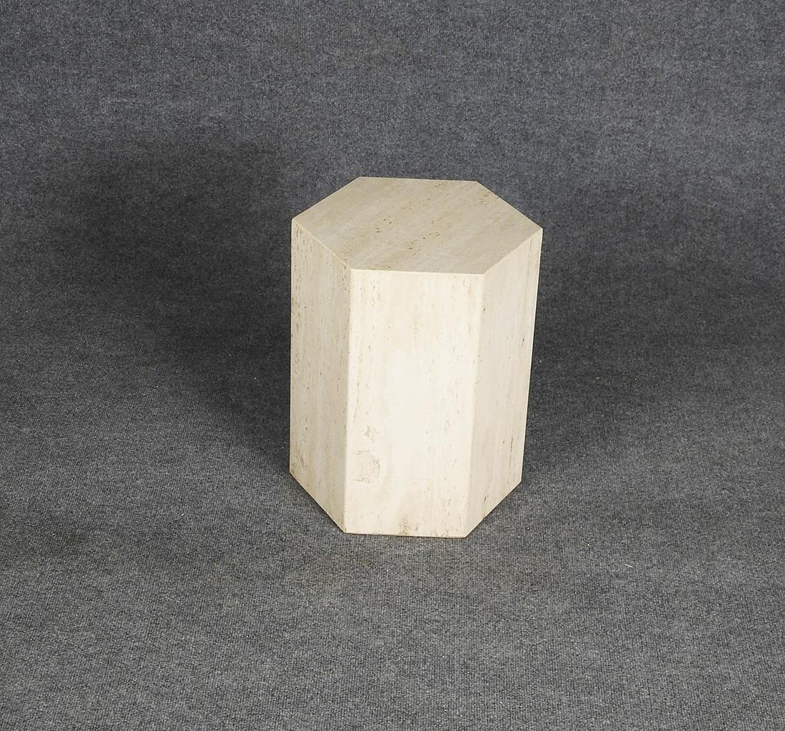 ITALIAN TRAVERTINE PEDESTAL: Octagon travertine pedestal. 18" h x 15" w x 15" d.