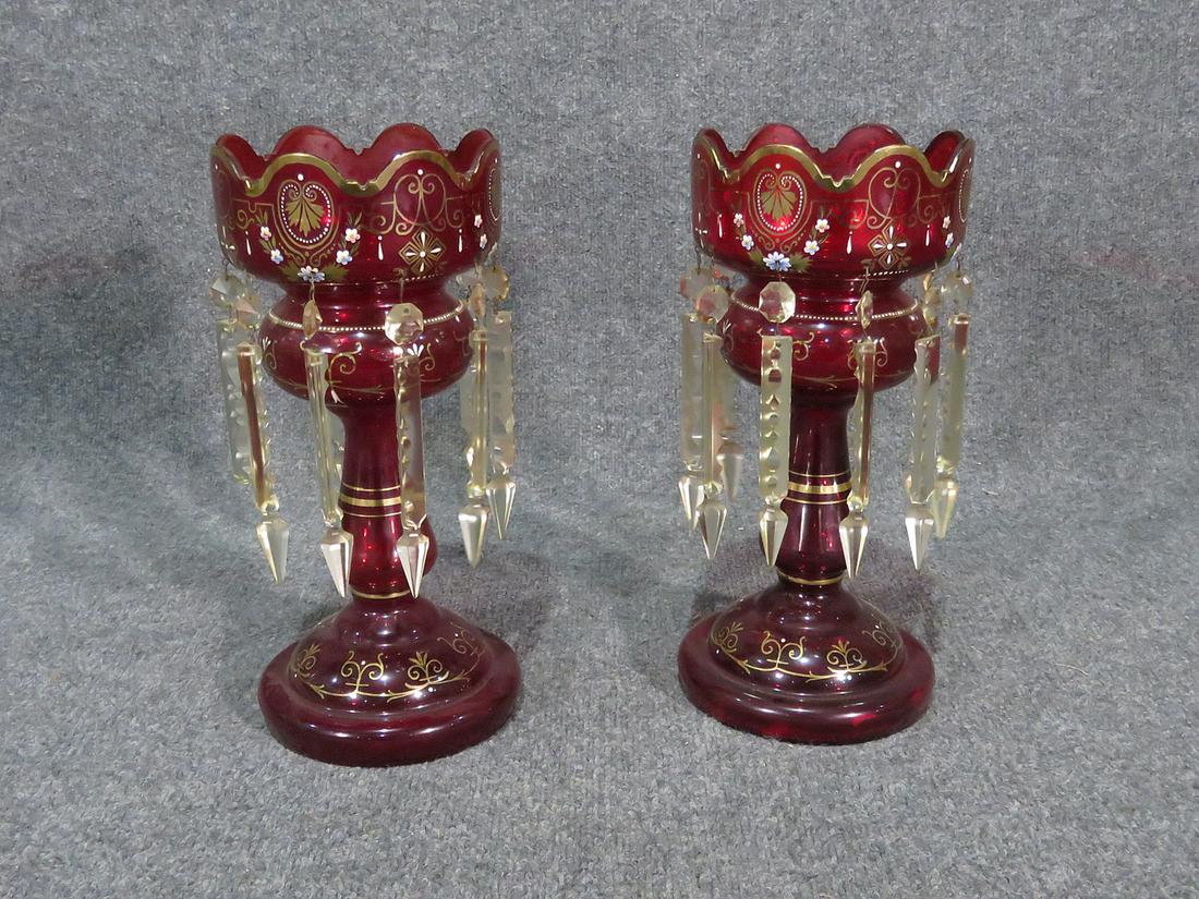 PAIR CZECHOSLOVAKIAN RUBY GLASS LUSTERS (1 of 8)