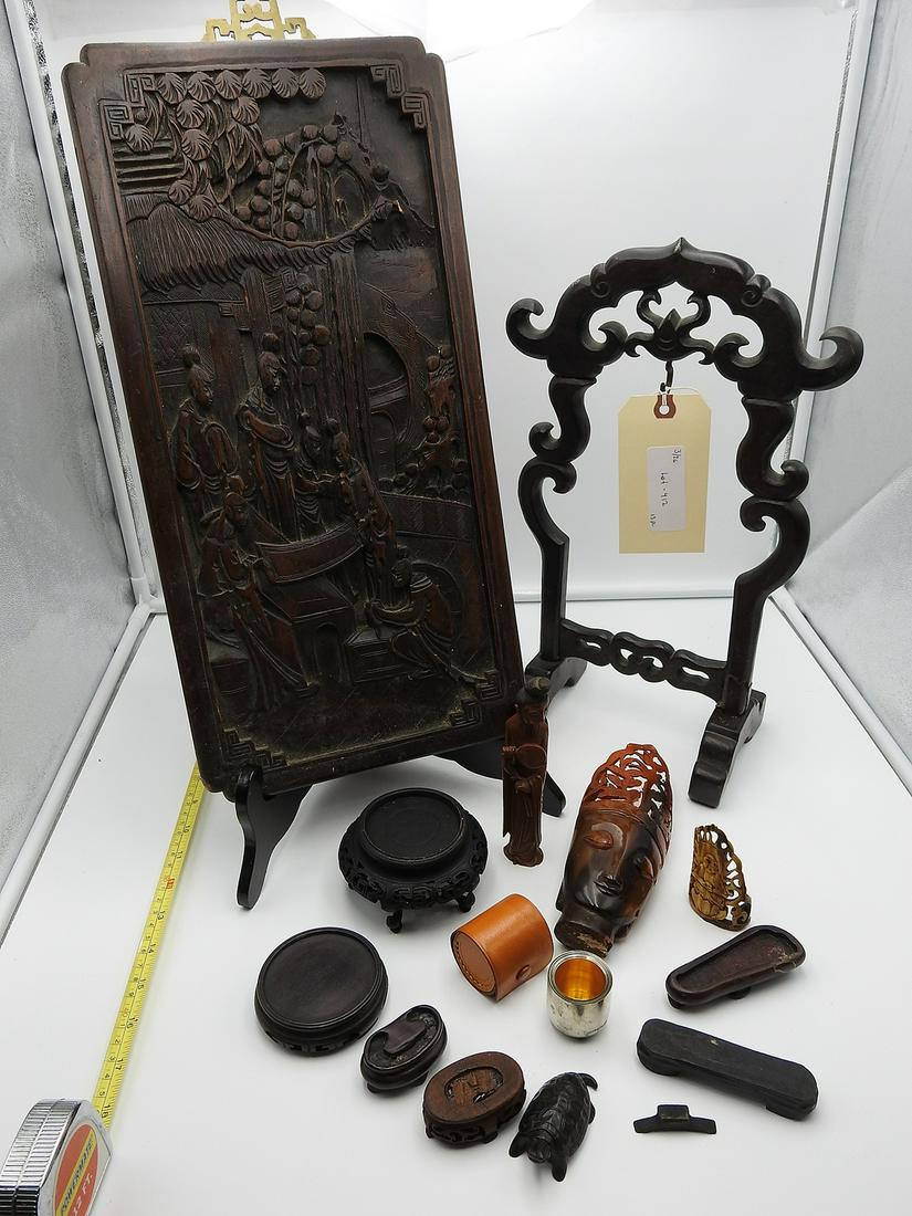 13 PC CHINESE WOOD STANDS FIGURES AND STACKING CUPS (1 of 3)