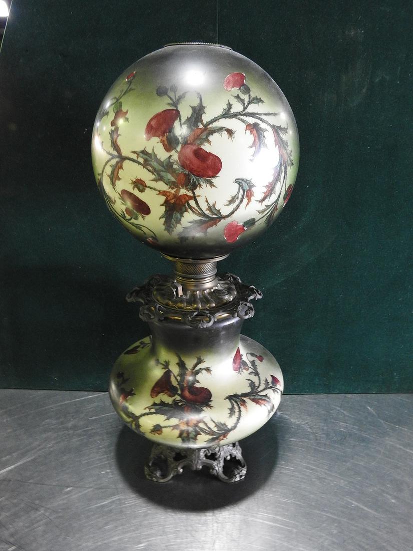 GONE WITH THE WIND LAMP: Dark and light green with flowers. Hand painted shades.