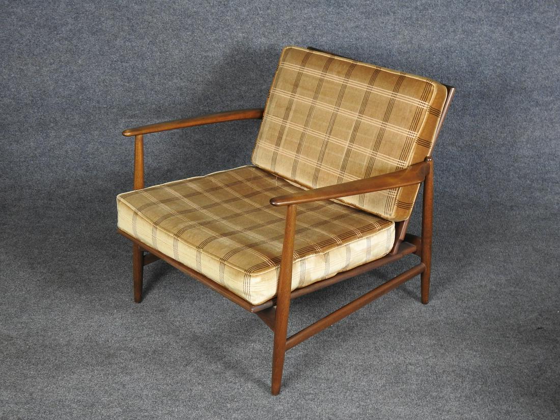 DANISH LOUNGE CHAIR IMPORTED BY SELIG: Walnut frame with loose cushions. Striped velvet upholstery. 26 1/2" h x 30" w x 33" d. Seat height 15".