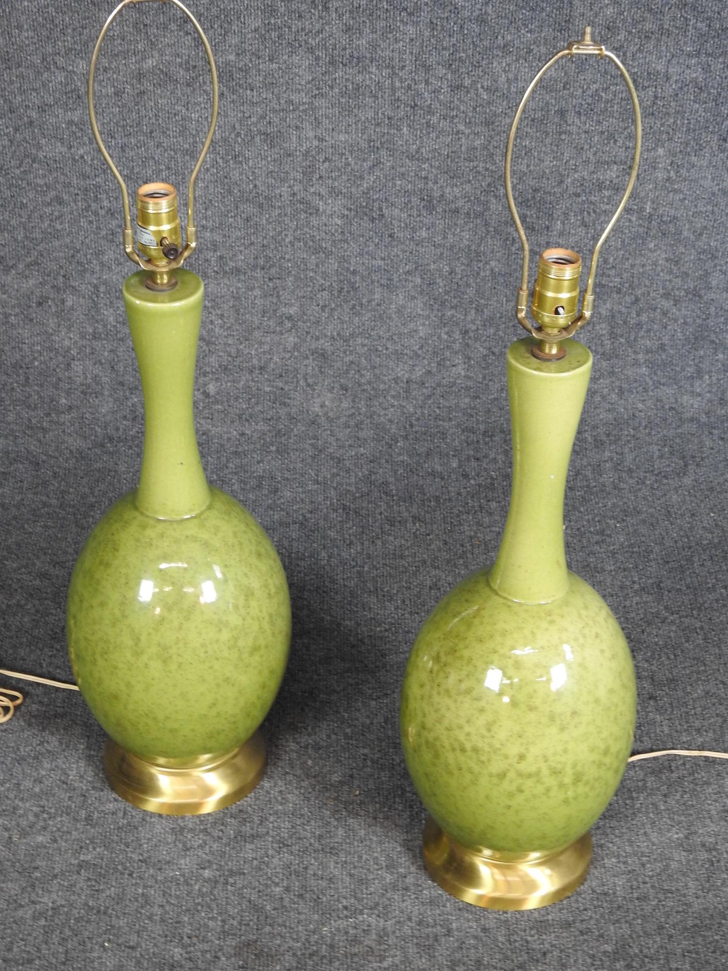 PAIR GREEN POTTERY LAMPS (1 of 6)