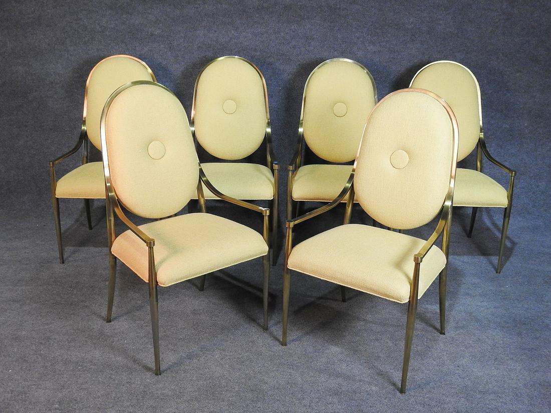 6 MASTERCRAFT ARM CHAIRS: Brass frames with herculon fabric covering and button back. 42" h x 22 3/4" w x 23" d. Seat height 18".