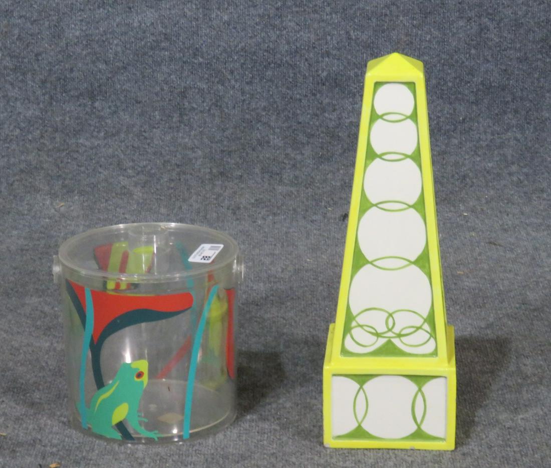 MISCELLANEOUS MODERN LOT: Ice bucket measures 9" h x 8 1/4" d. Obelisk measures 17 1/2" h x 5 3/4" d.