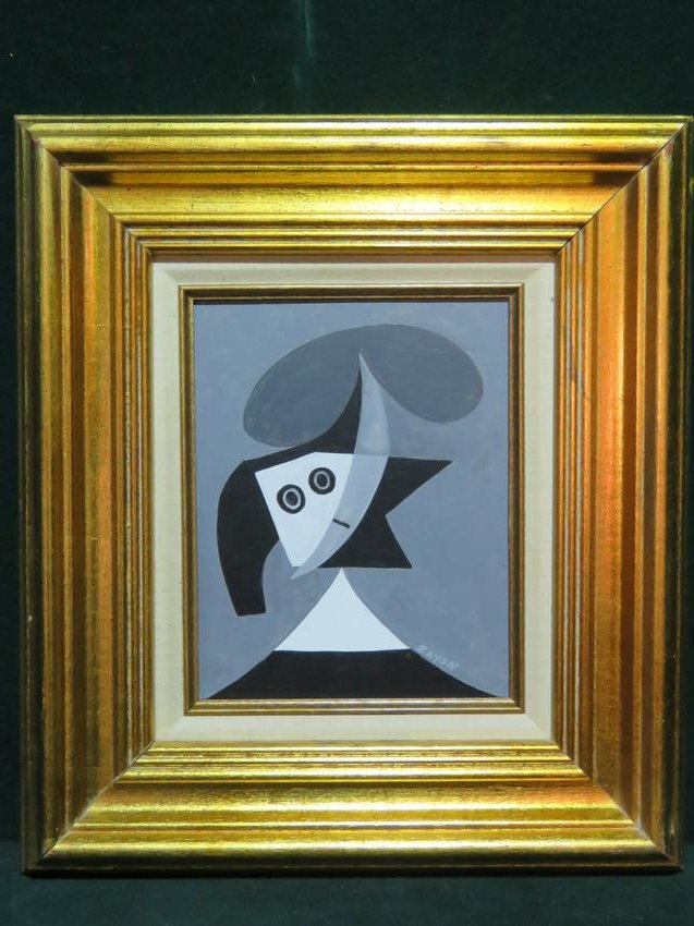 SIGNED SEYMOUR ZAYON GEOMETRIC ABSTRACT: Black/white. Acrylic on board. Artist signed on front. Painting measures 9 1/2" h x 7 1/4" w. Framed measures 18" h x 16" w.