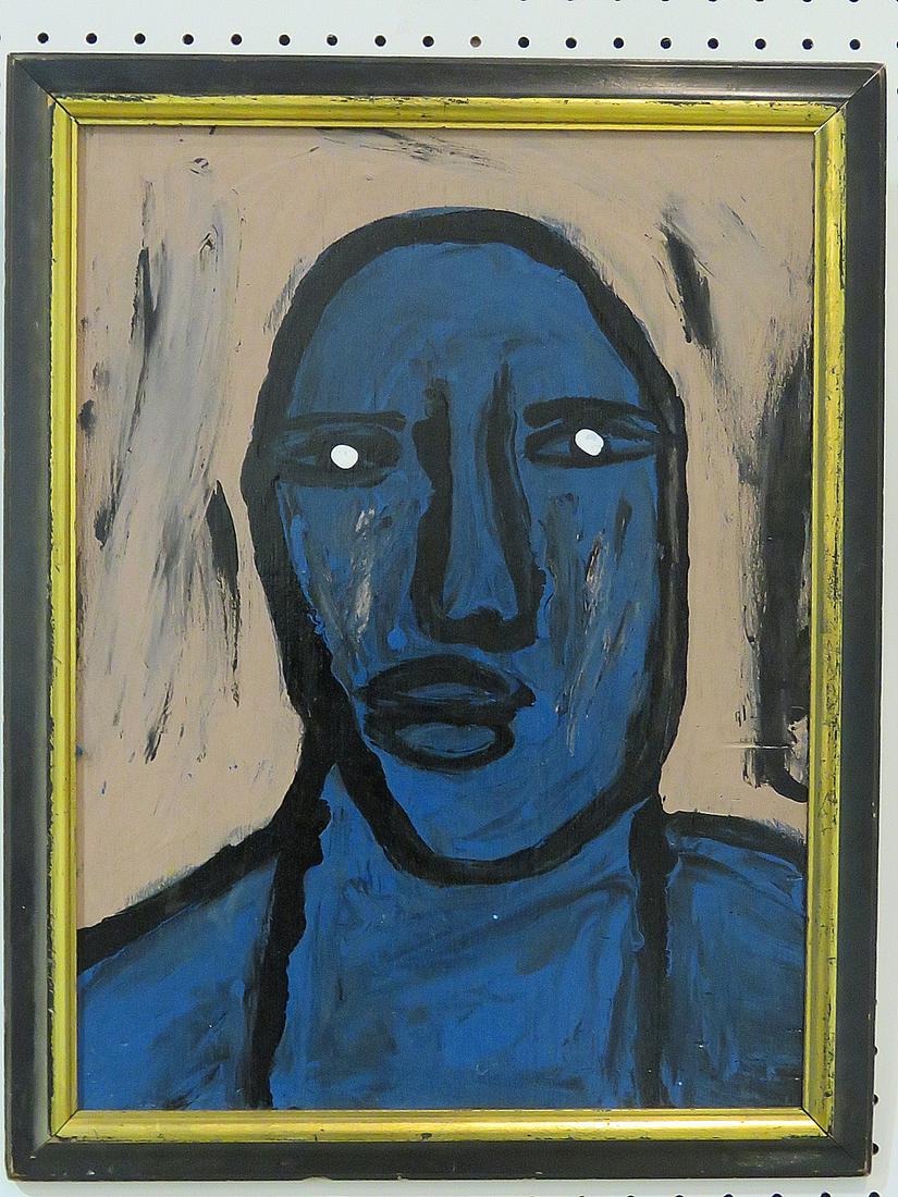 THOMAS PULGINI MODERN BLUE MAN: Signed Pulgini on verso. Painting measures 19 1/2" h x 14 1/2" w. Framed measures 22 1/2" h x 17 1/2" w.