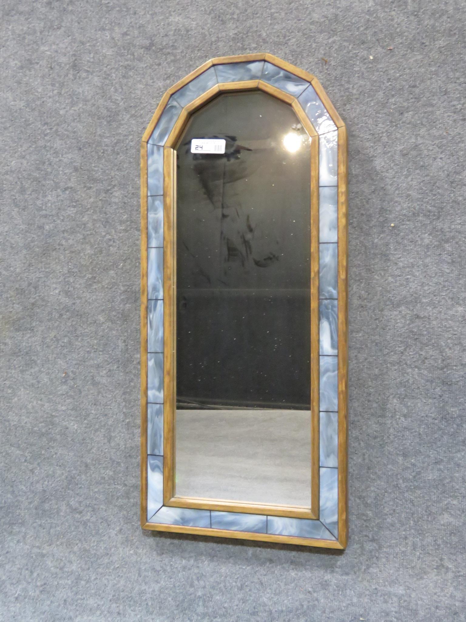 MID CENTURY MODERN MIRROR: Wood frame. Tile accents. 36" h x 15 1/2" w 1 1/2" d.