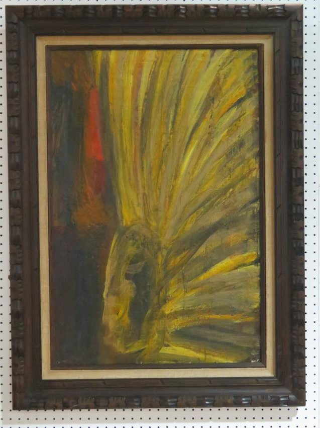 DANIEL BUCKLER "AZTEC FIRE PRIEST": Oil on canvas. Modern abstract. Red, yellow and black. Painting measures 23 1/2" h x 35 1/2" w. Framed measures 33 1/4" h x 45 1/4" w.