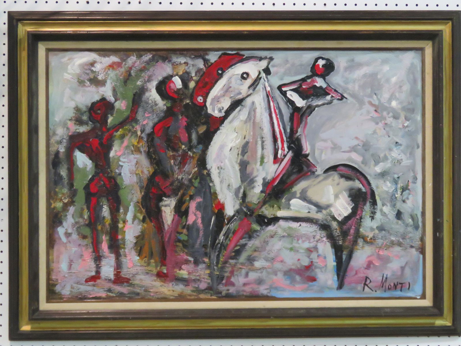 SIGNED R. MONTI MODERN ABSTRACT MEN WITH HORSE (1 of 3)