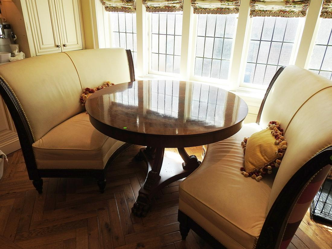 PAIR UPHOLSTERED SETTEES: Carved wood frame. Leather back and seat. Plaid upholstery on back. Decorative nail head trim. 41" h x 56" w x 28" d. Seat height 18 1/2".