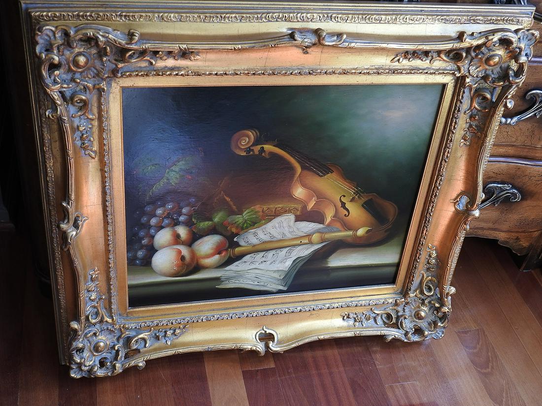 STILL LIFE VIOLIN WITH FRUIT OIL PAINTING SIGNED (1 of 3)