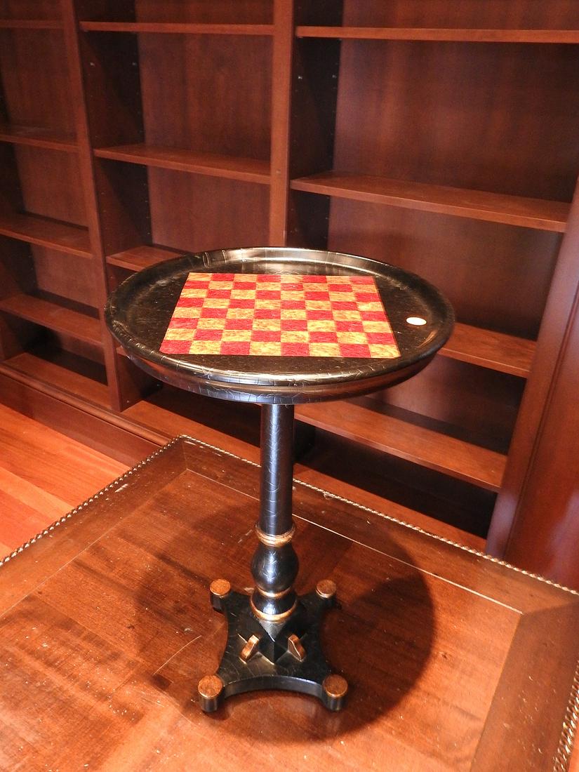 LANE CHECKER BOARD TOP END TABLE: Style number 7923-86. Ebonized and gold colored paint accents. Dated June 30, 1997. Signed. 25" h x 15 1/2" diameter.