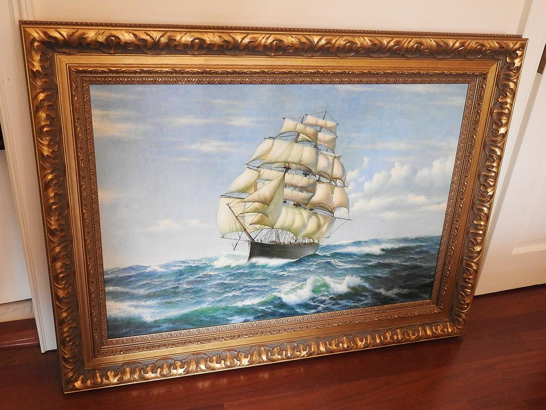 SAIL BOAT OIL PAINTING: On canvas. Gilded frame. Framed measures 32 3/4" h x 44" w x 2" d.