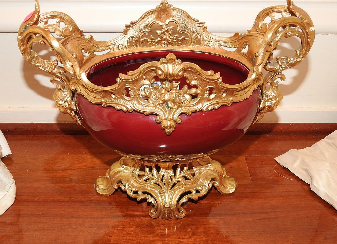 LOUIS XV STYLE COMPOTE: Metal accents. Figural. 11 3/4" h x 14" w x 6" d.