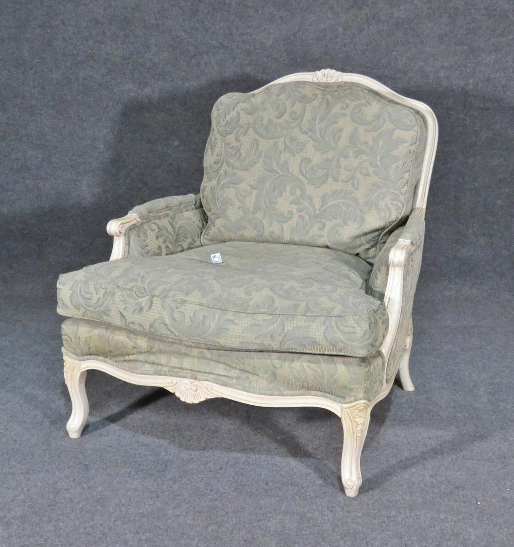 DISTRESSED FRENCH BERGERE: Distressed frame. Upholstered. 37" h x 33" w x 39" d. Seat height 18".