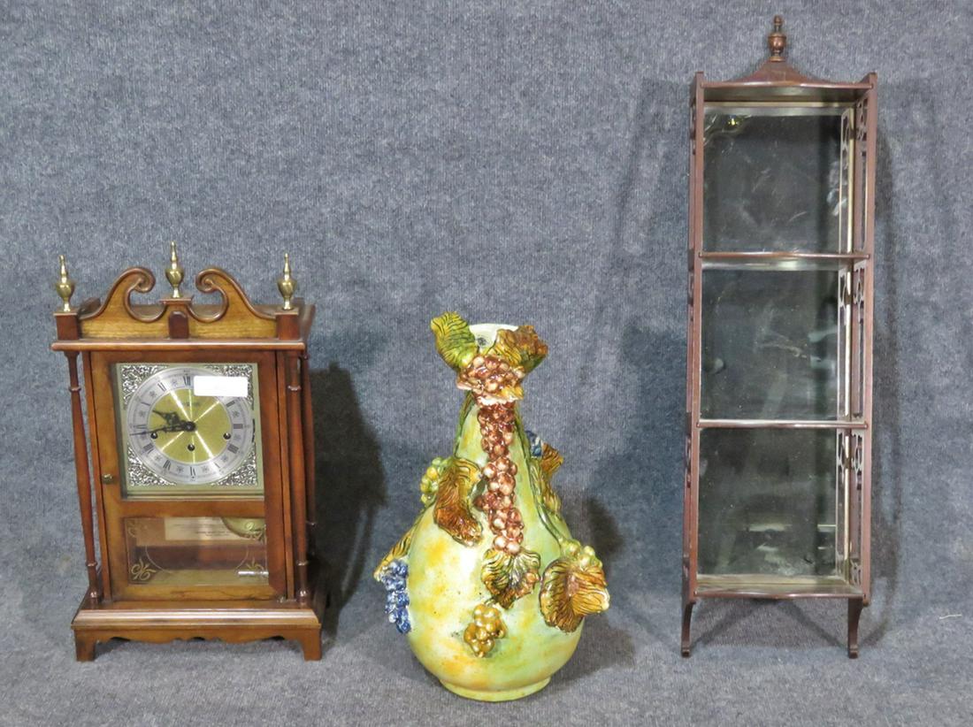 MAHOGANY SHELF POTTERY VASE & CLOCK (1 of 4)