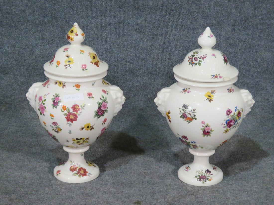 PAIR FLORAL POTTERY URNS (1 of 5)