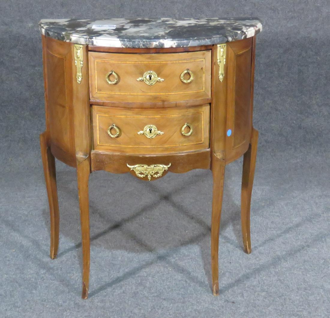 INLAID MARBLE TOP STAND: Marble top. Metal accents and hardware. 2 dovetailed drawers. 30 1/2" h x 26" w x 14" d.