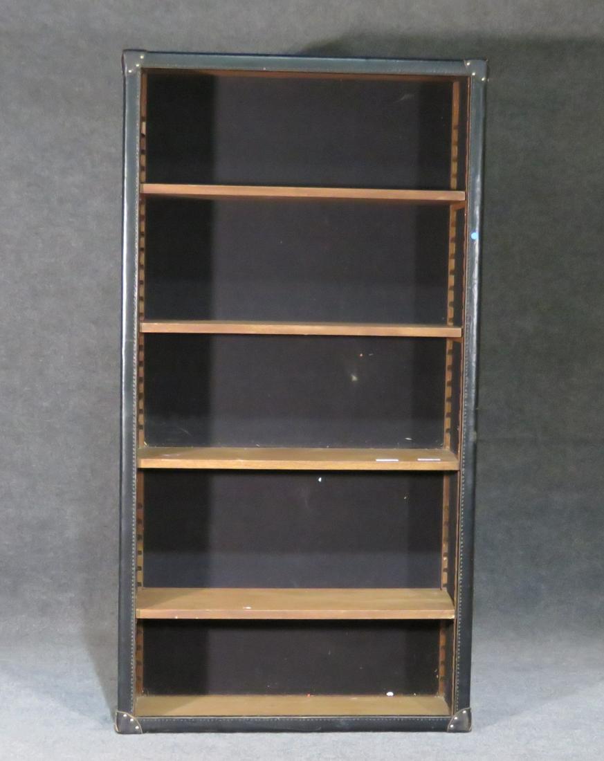 LEATHER AND WOOD DECORATED BOOKCASE: 4 shelves. Leather and wood. Nail head accents. 78" h x 41 1/2" w x 14 1/4" d.