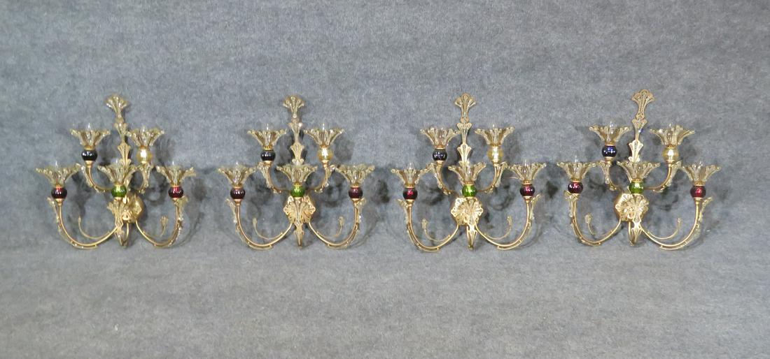 4 GILT METAL & GLASS WALL SCONCES: Gilt metal. Colored glass inserts. 21" h x 20 1/2" w x 5 1/2" d.
